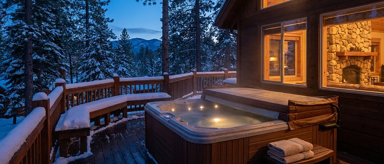 Steaming hot tub on a snowy Big Bear cabin deck, one of the Big Bear cabin amenities that pays back fastest