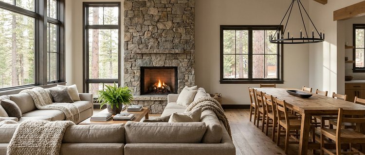 Mountain-modern great room in a Big Bear rental cabin with a large sectional, a long dining table, and a stone fireplace