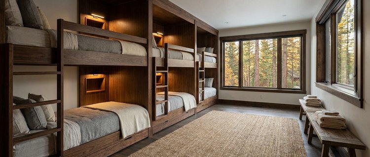 Bunk room in a large Big Bear lodge with built-in beds for a multi-family group, part of the large-lodge playbook