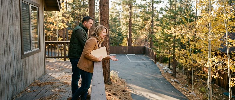 Buyer and agent on the deck of a Big Bear cabin for sale, checking parking and the driveway grade before buying a Big Bear cabin to rent