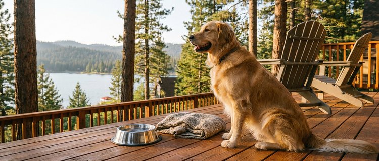 Golden retriever on the deck of a pet-friendly cabin in Big Bear with pine trees and the lake behind