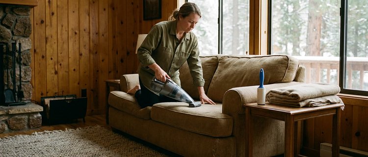 Housekeeper vacuuming a sofa during an enhanced turnover at a pet-friendly cabin in Big Bear